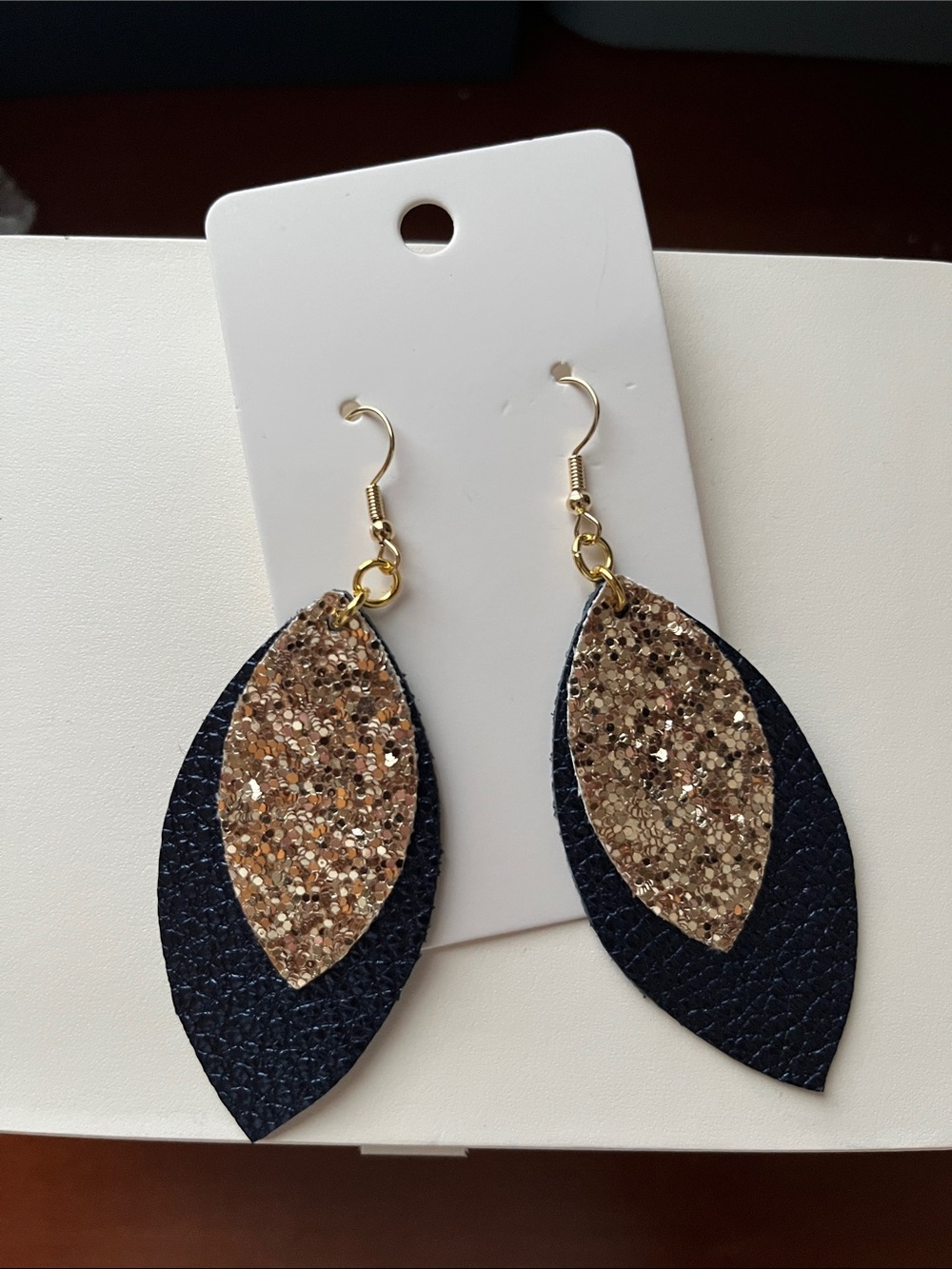 Gold Glitter & Navy Leaf Drop Earrings - Women Jewelry